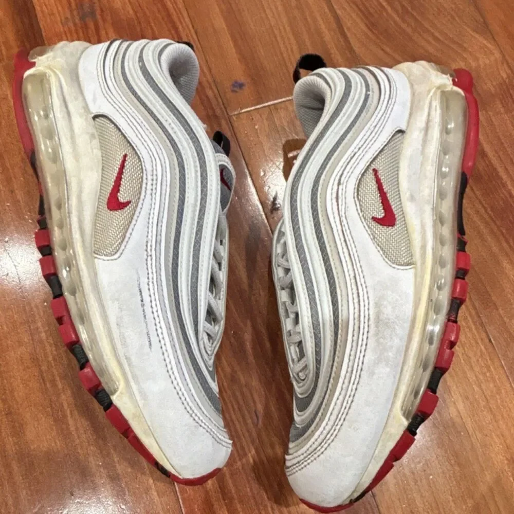 Nike Men’s Air Max 97 White Gray Red Black Solid Low Top Sneakers size 9.5